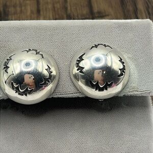 Sterling Silver Polished Button Earrings Clip on Etched in Black Pattern